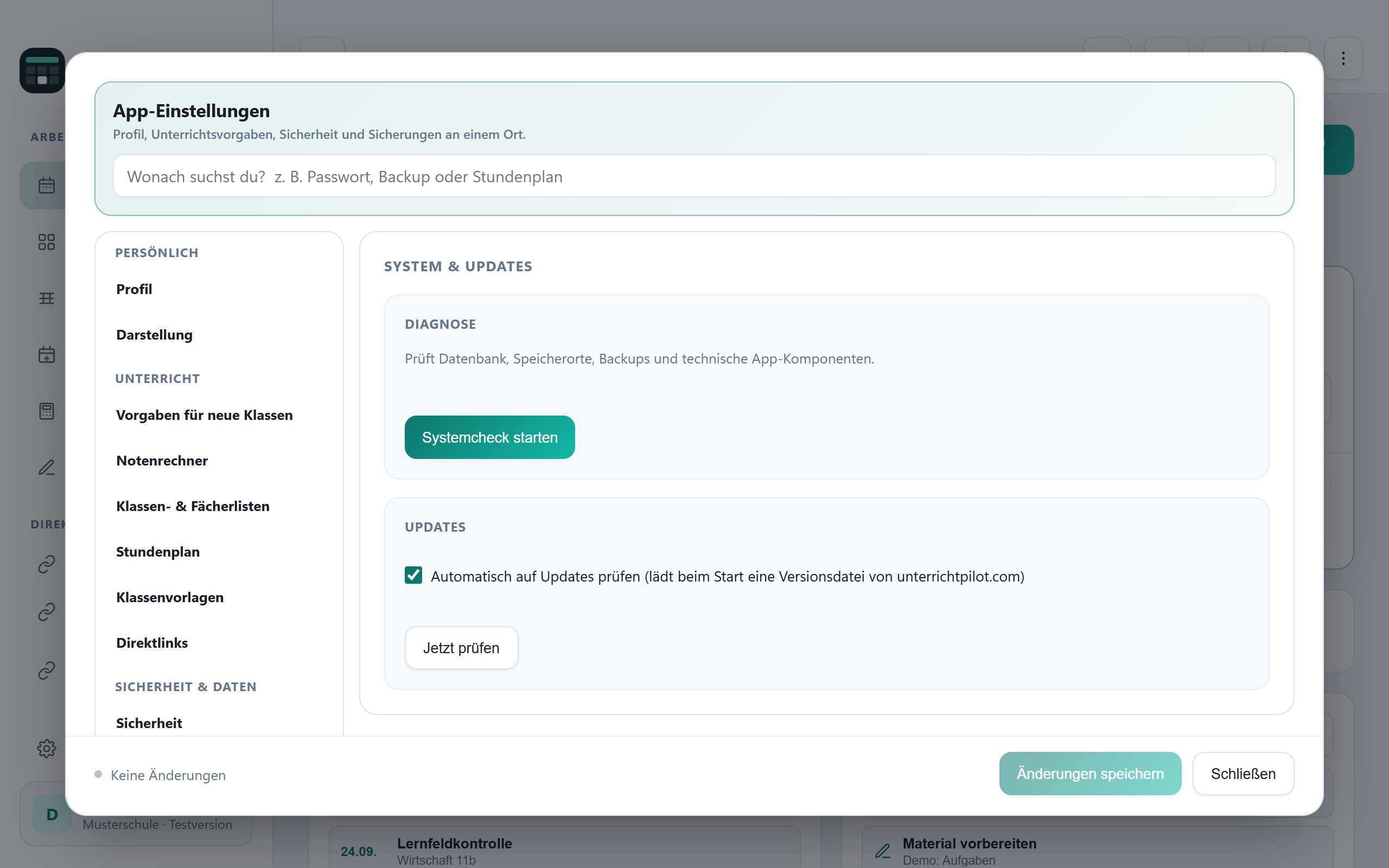 Bereich System und Updates