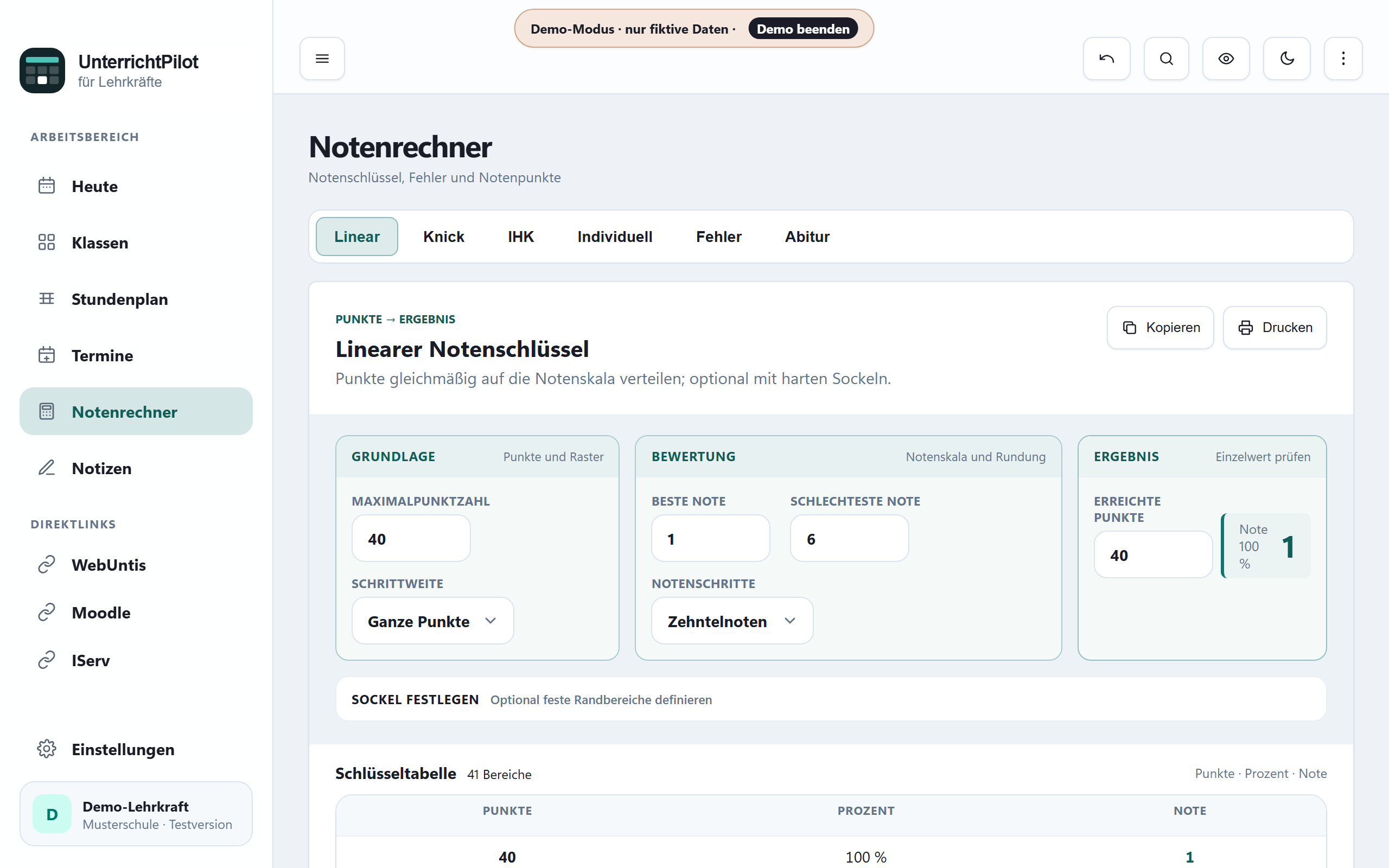 Linearer Notenschlüssel mit Tabelle